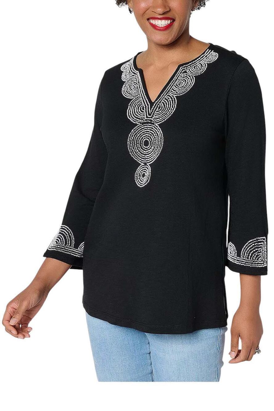 Bellisima Women's Slub Knit Boutique Beaded Tunic Black/White - Petite